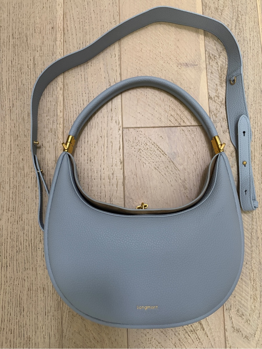 Songmont Light blue Pebble Leather Hobo Shoulder Bag with Gold Hardware